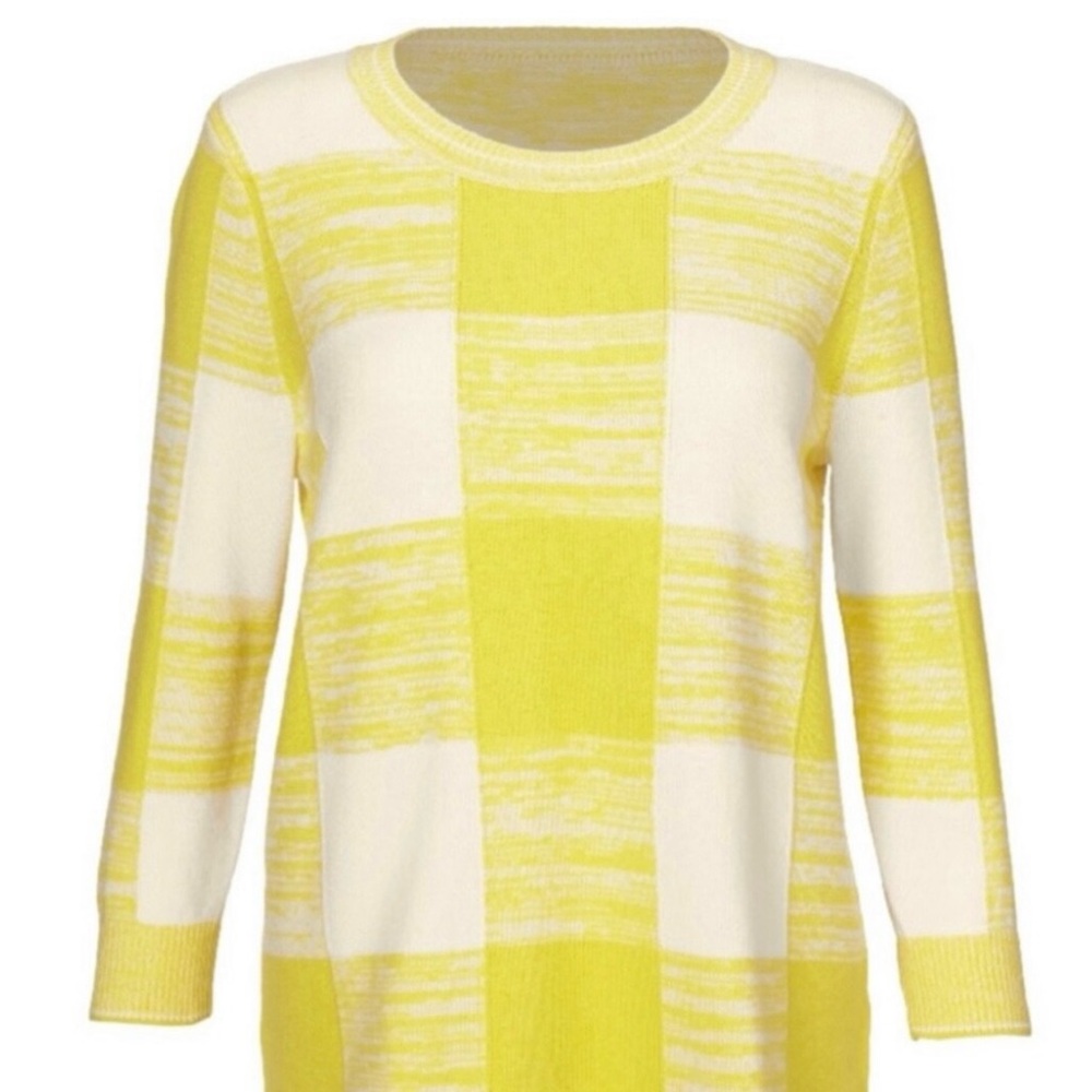 Cabi Checkerboard Pullover Sweater in citron and white